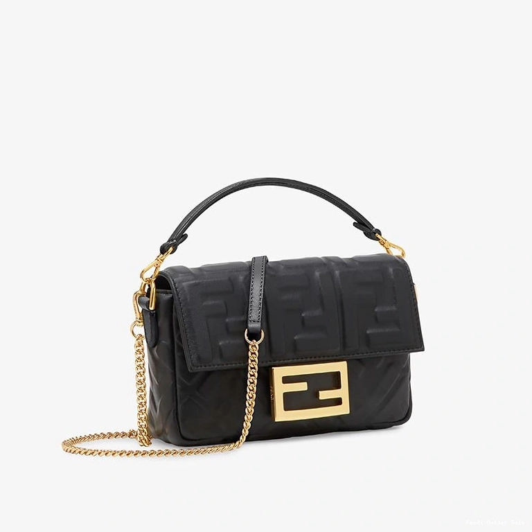 Affordable Baguette Black Bag FF Leather In Mini Motif Fendi Nappa 0727
